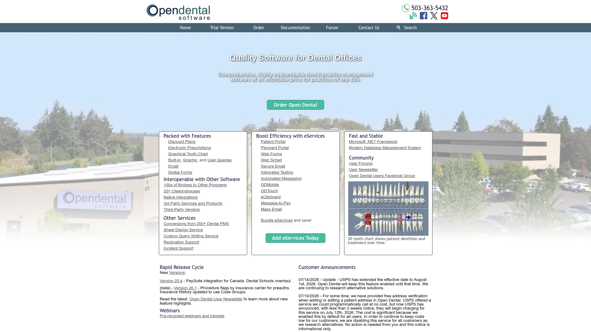 Screenshot of the Open Dental homepage as it appeared on 2026-08-01