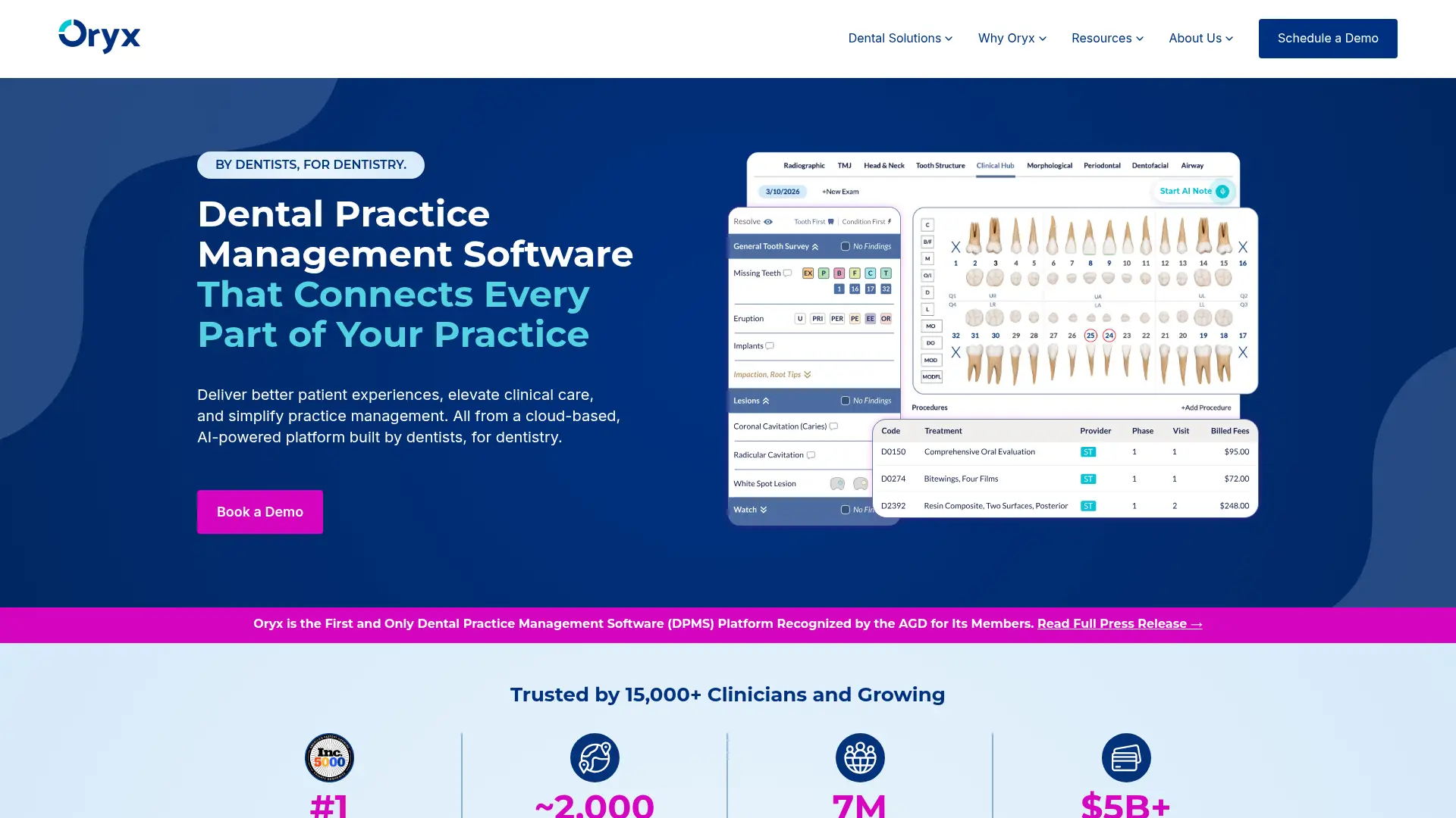 Screenshot of the Oryx Dental Software homepage as it appeared on 2026-08-01